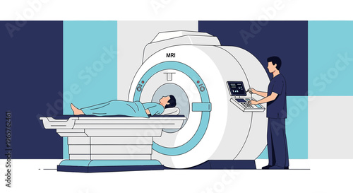 Patient undergoing MRI scan with technician operating machine, medical imaging technology