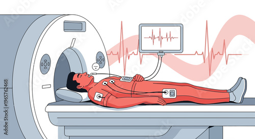 Patient undergoing MRI scan with vital signs monitoring and ECG display
