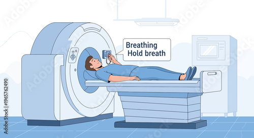 Patient undergoing MRI scan, holding breath as instructed by technician for clear imaging