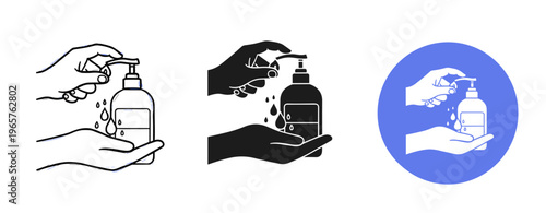Vector icons of hands using soap dispenser with liquid droplets