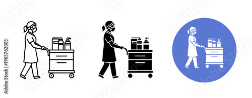 Cleaning staff icon trio: female worker with cart and supplies