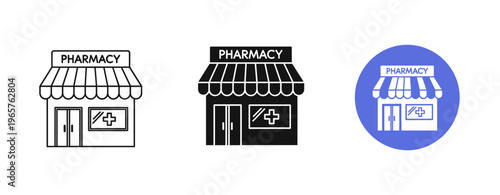 Pharmacy icons set: outline, solid black, and blue background variants