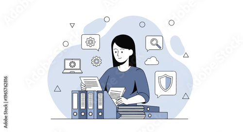 A woman sits at a desk surrounded by binders and papers with digital icons floating above her in a modern office setting with laptop computer and documents.