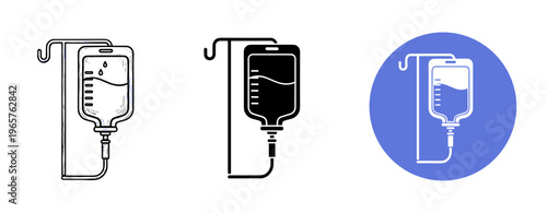 Medical infusion icons: three designs of iv drip bags in black and white and blue circle background
