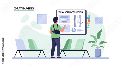 Patient with arm sling reads X-ray scan instructions in waiting room