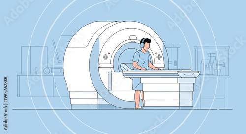 Patient wearing headphones in MRI machine, undergoing medical scan with sound waves illustration