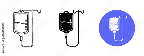 Medical iv drip illustration trio in line, solid, and blue highlight styles