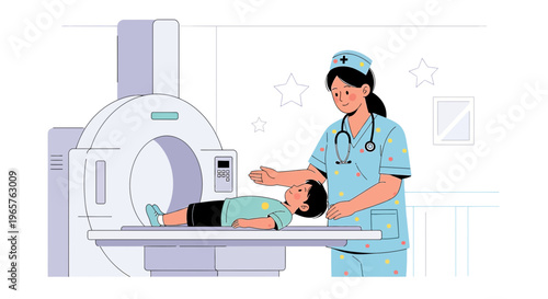 Pediatric CT Scan: Nurse Assists Child Patient in Medical Imaging Room
