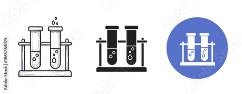 Three styles of laboratory test tubes with stands and liquid drops