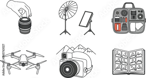 Set of Photography and Videography Equipment Icons Including Camera Lens Tripod and Gear Bag