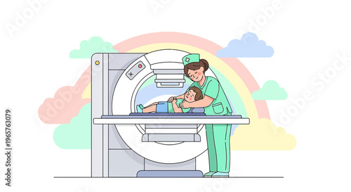 Pediatric CT Scan: Nurse Comforts Child During Medical Imaging Procedure with Rainbow Background