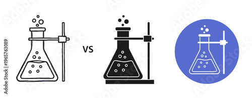 Comparative chemistry lab flask icons in black and white vs blue circle