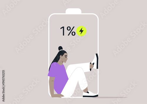 A character representing low energy status sits inside a large battery outline, They appear tired and overwhelmed, symbolizing the burnout and life's demands