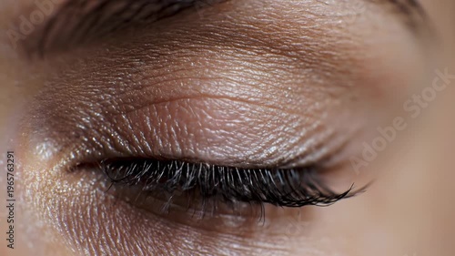 Close-up of a woman's eye with long eyelashes and wrinkles on her skin