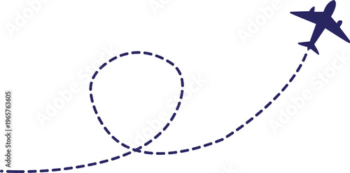 A blue airplane flying through the air with a dotted line