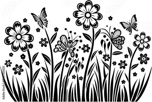 A beautiful monochromatic vector illustration of a lush garden with diverse blooming flowers and graceful butterflies flying above