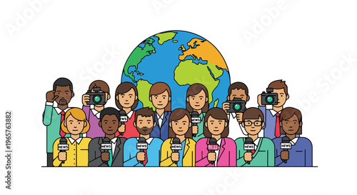 Flat 2D illustration of diverse people holding microphones in front of a globe on World Press Freedom Day, concept for freedom of speech and media, against a clean white background.