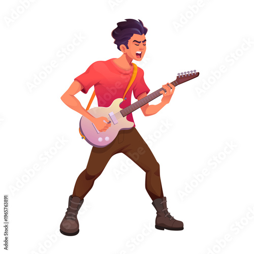 Electric guitarist character in modern vector style. Young male musician performing at concert.
