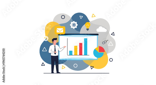 Businessman presenting data charts and graphs on a screen with modern illustration style elements around him in office.