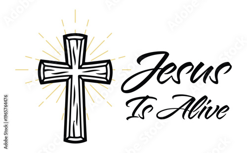 Jesus Is Alive Script with Wooden Cross and Gold Rays Christian Vector