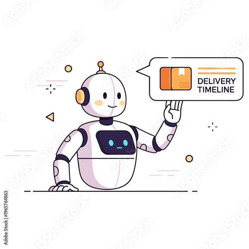 Friendly robot discussing shipment schedule with speech bubble