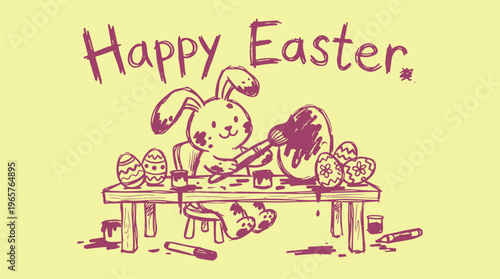 Happy Easter Greeting Card with Cute Bunny Painting Eggs, Sketch Style Illustration