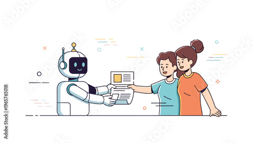 Two girls conversing with a robot exchanging papers in a digital setting