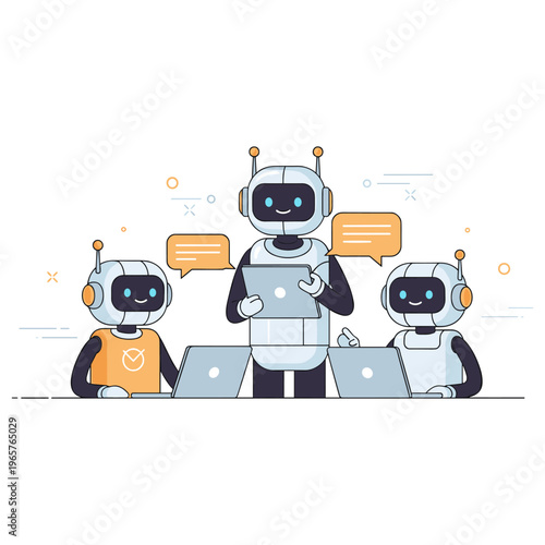 Group of friendly robots collaborating with laptops and tablets in a futuristic setting