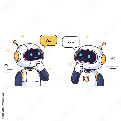 Two cartoon robots expressing thoughtfulness with speech bubbles