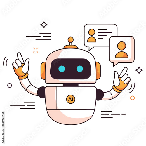 Cute ai robot with speech bubbles and icons in a modern cartoon style