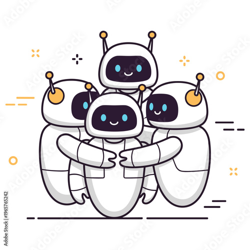 Group of cute smiling cartoon robots embracing each other happily