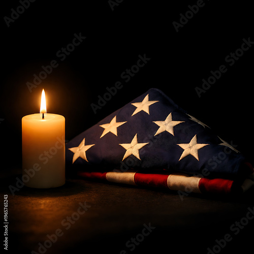 Folded American Flag with Burning Candle for Memorial Tribute