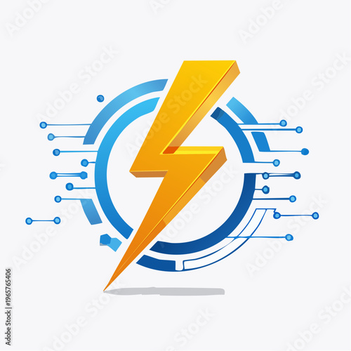 Bright Orange Lightning Bolt Symbol with Blue Technological Circuitry Background
