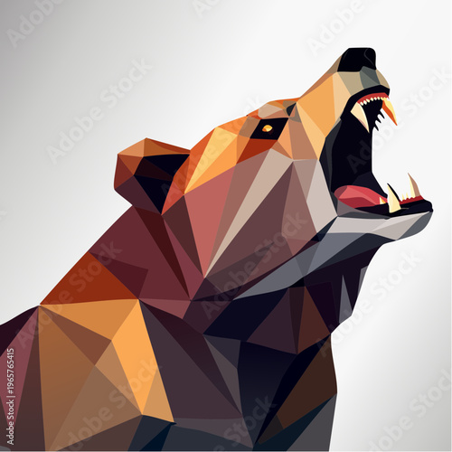 Geometric Bear Roaring with Open Mouth, Detailed Polygonal Design on White Background