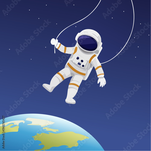 Astronaut floating in space above Earth with stars in the background