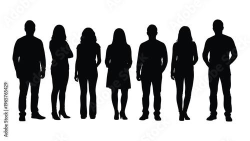 A group of eight people stand in a row depicted as solid black shapes against a white background silhouette