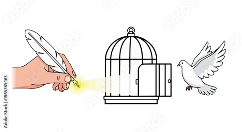 Flat 2D illustration of a hand holding a lit feather near an open birdcage with a flying white dove, symbolizing Freedom Day and the power of the press, on a clean white background.
