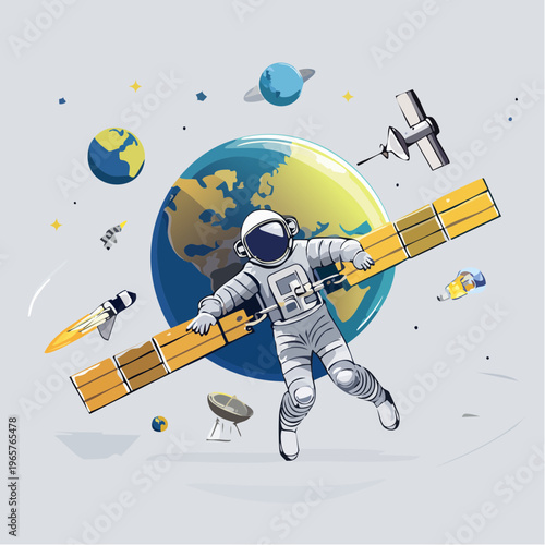 Astronaut floating in space with Earth and satellites, exploring the cosmos
