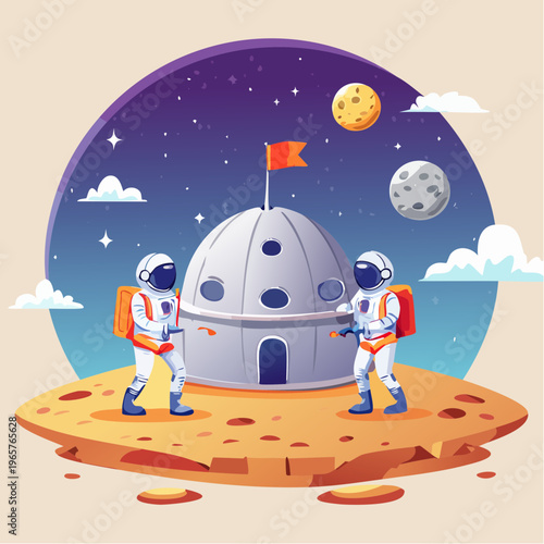 Astronauts exploring a moon base with planets in the background