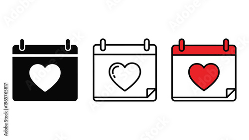 Three calendar icons representing stages of love from unrequited to reciprocated in a minimalist silhouette high quality professional detailed