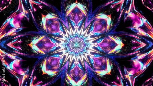 A kaleidoscopic, symmetric, vibrant, luminous artwork in a flowing, abstract design