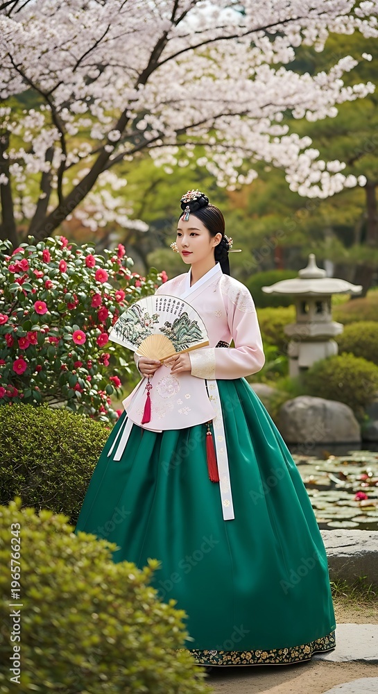 Fototapeta premium Woman in Korean Hanbok Posing in Garden.