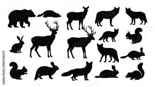 A collection of north american wildlife animals depicted in stark black silhouettes showcasing a diverse forest ecosystem silhouette