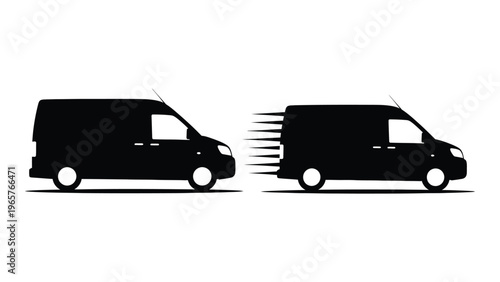 Two black vans are displayed one stationary and the other appearing to speed away in silhouette high quality professional