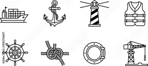 Nautical editable icon set ship lighthouse anchor marine safety vector graphics for design projects