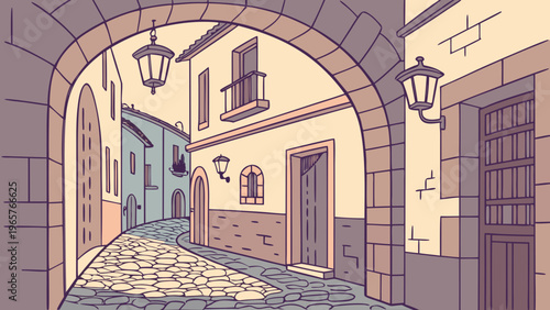 Spanish Cobblestone Alley Flat Vector