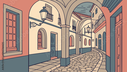 Spanish Cobblestone Alley Flat Vector