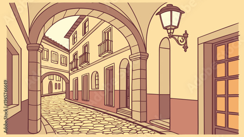 Spanish Cobblestone Alley Flat Vector