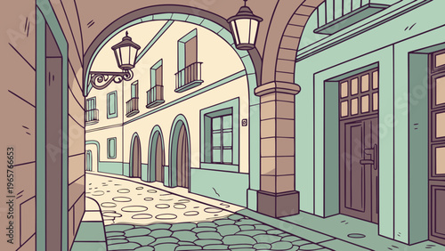 Spanish Cobblestone Alley Flat Vector