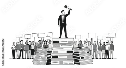 A man in a suit stands on a stack of books, holding a megaphone, surrounded by a crowd of people holding signs, in a flat 2D illustration representing media, freedom, and protest.